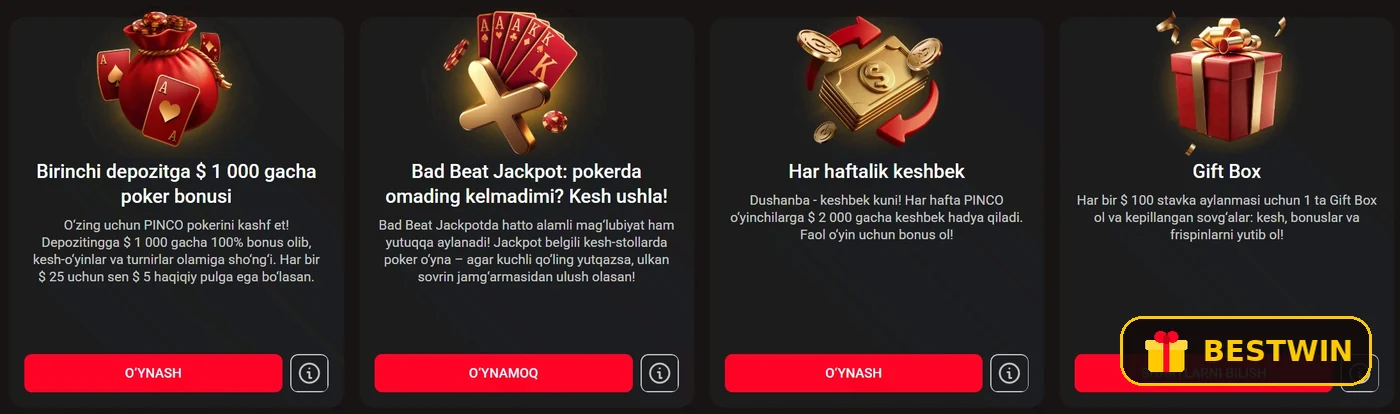 Bonus kartalari: depozit bonusi, Bad Beat Jackpot, keshbek va Gift Box