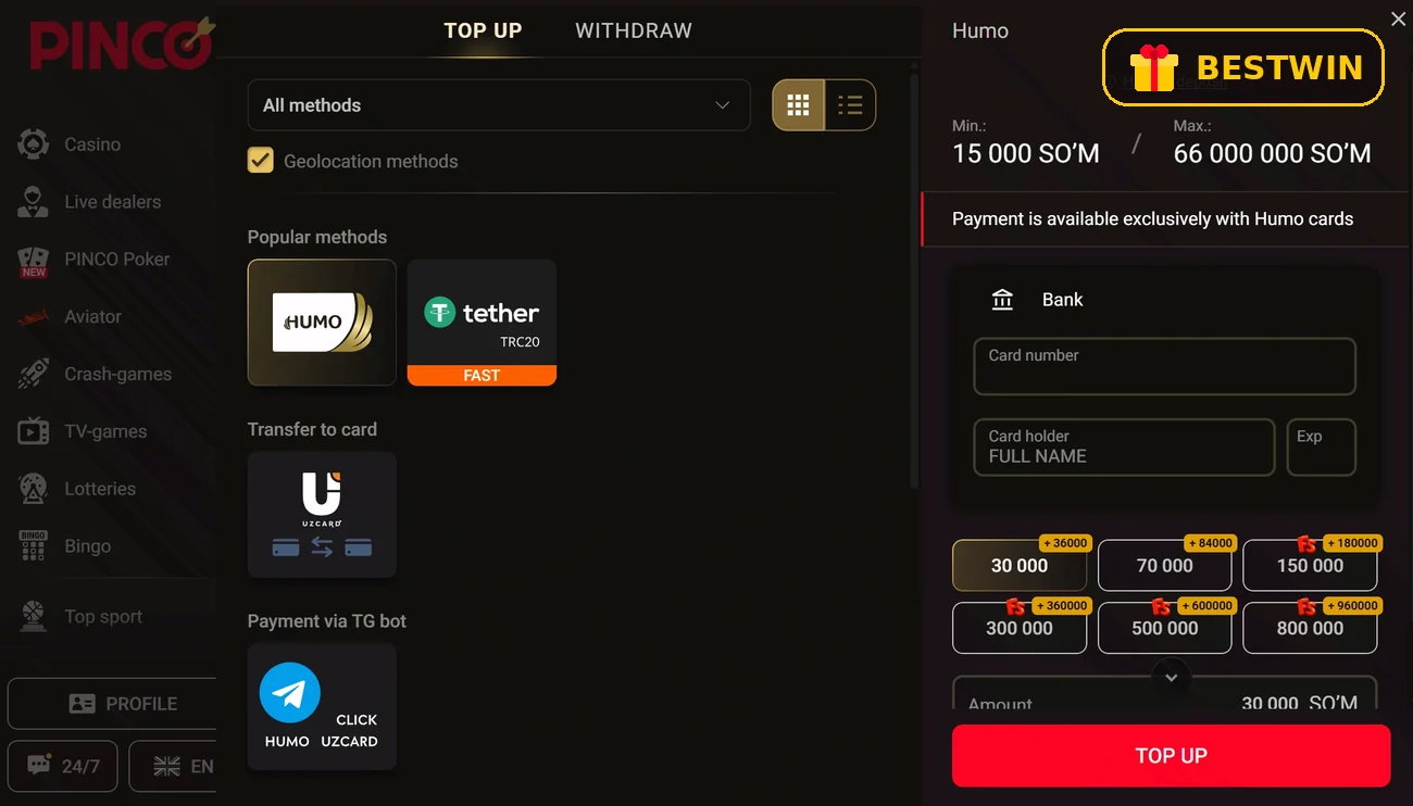 Kassa: hisobni to‘ldirish va yechish — Humo, Uzcard, Tether va Click