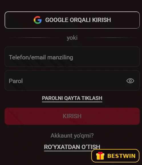 Kirish oynasi: telefon yoki e-mail, parol va Google orqali kirish
