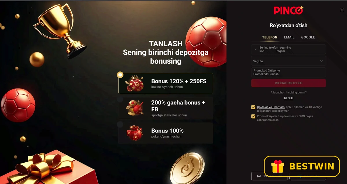 Ro‘yxatdan o‘tish oynasi: telefon/e-mail, valyuta, promokod maydoni va bonus tanlash