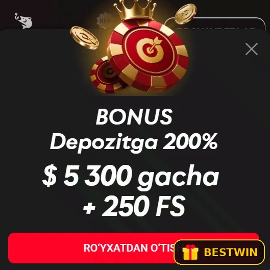 Xush kelibsiz bonus: depozitga 200% va 250 bepul aylanish